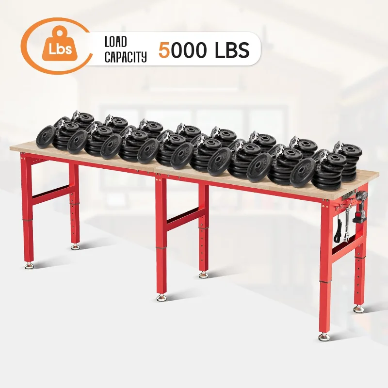 96" Red Adjustable Heavy Duty Workbench with 4 AC Outlet and 2 USB Ports Power Outlets, 5000 Lbs Capacity, Rubber Wood Top