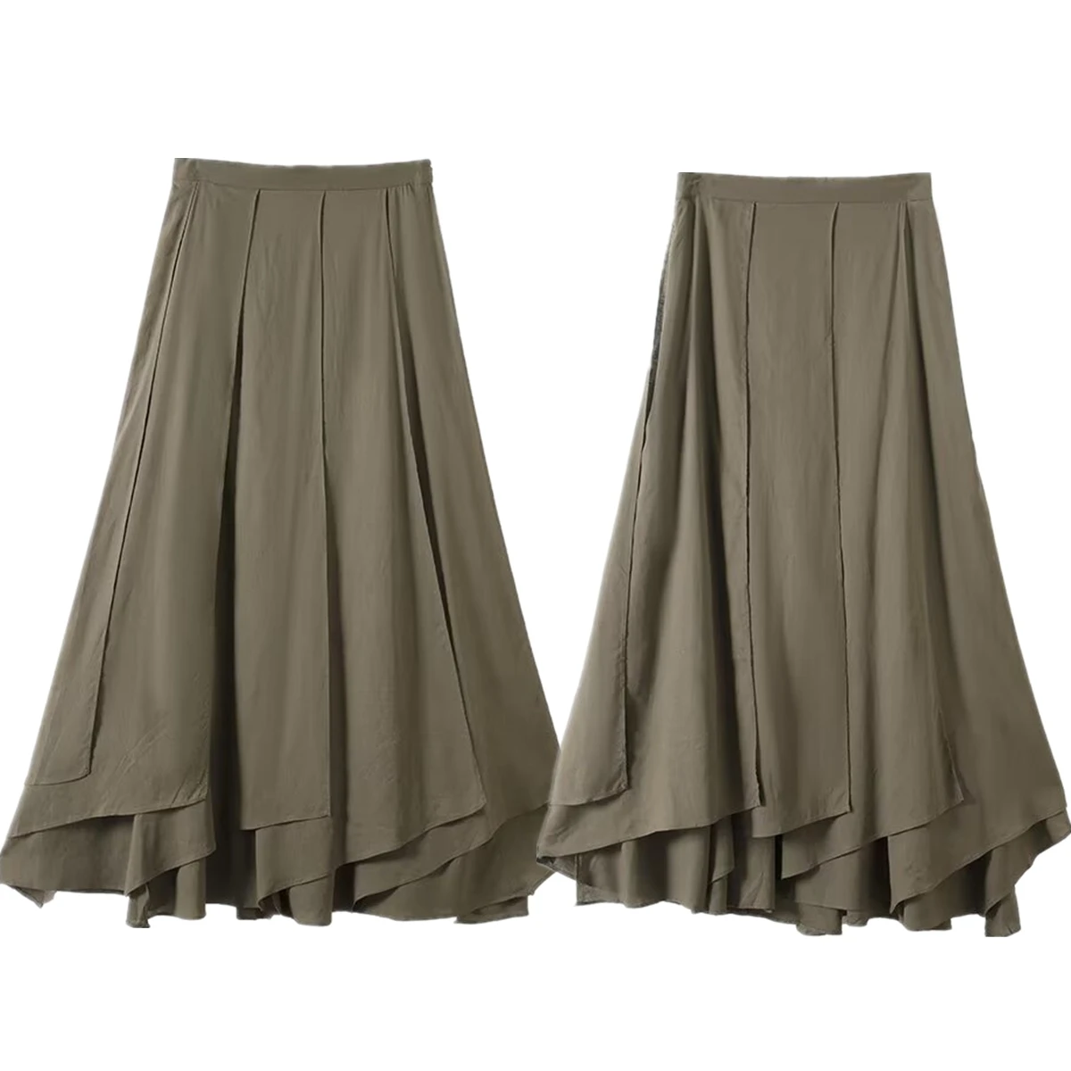 Dave&Di Fashion Office Ladies High Waist A-line Skirt Linen Viscose Blended Skirt Minimalist Army Green Pleated Skirt For Women