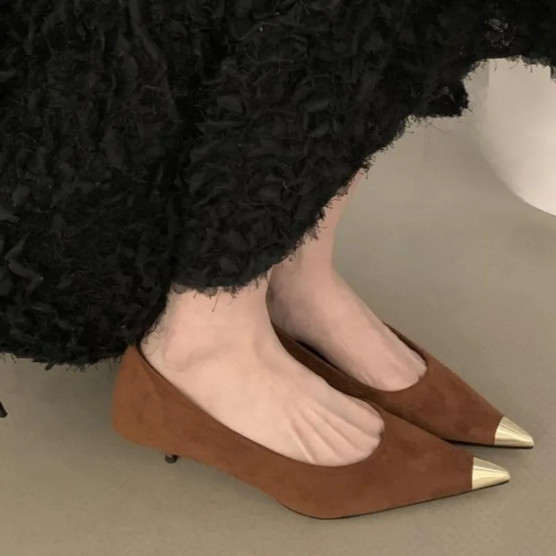 Stiletto Single Shoes Autumn New Metallic Pointed Toe Shallow Suede Non-slip Wear-resistant Low Heel Shoes