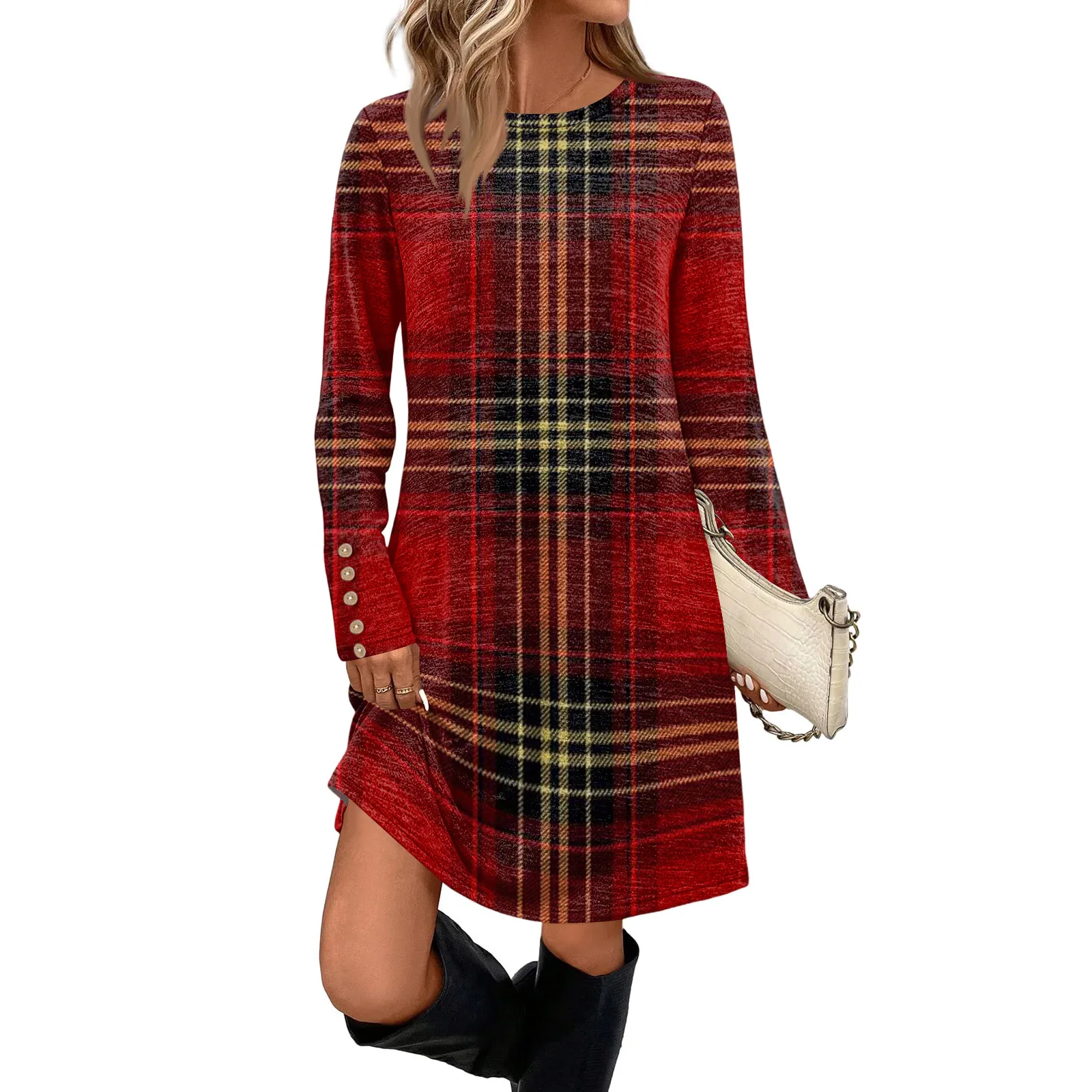 فستان كاجوال أنيق للنساء مع جيوب وأزرار زخرفية ورقبة دائرية وأكمام طويلة فيستدوس أنيقة بارا موجر جديد #3