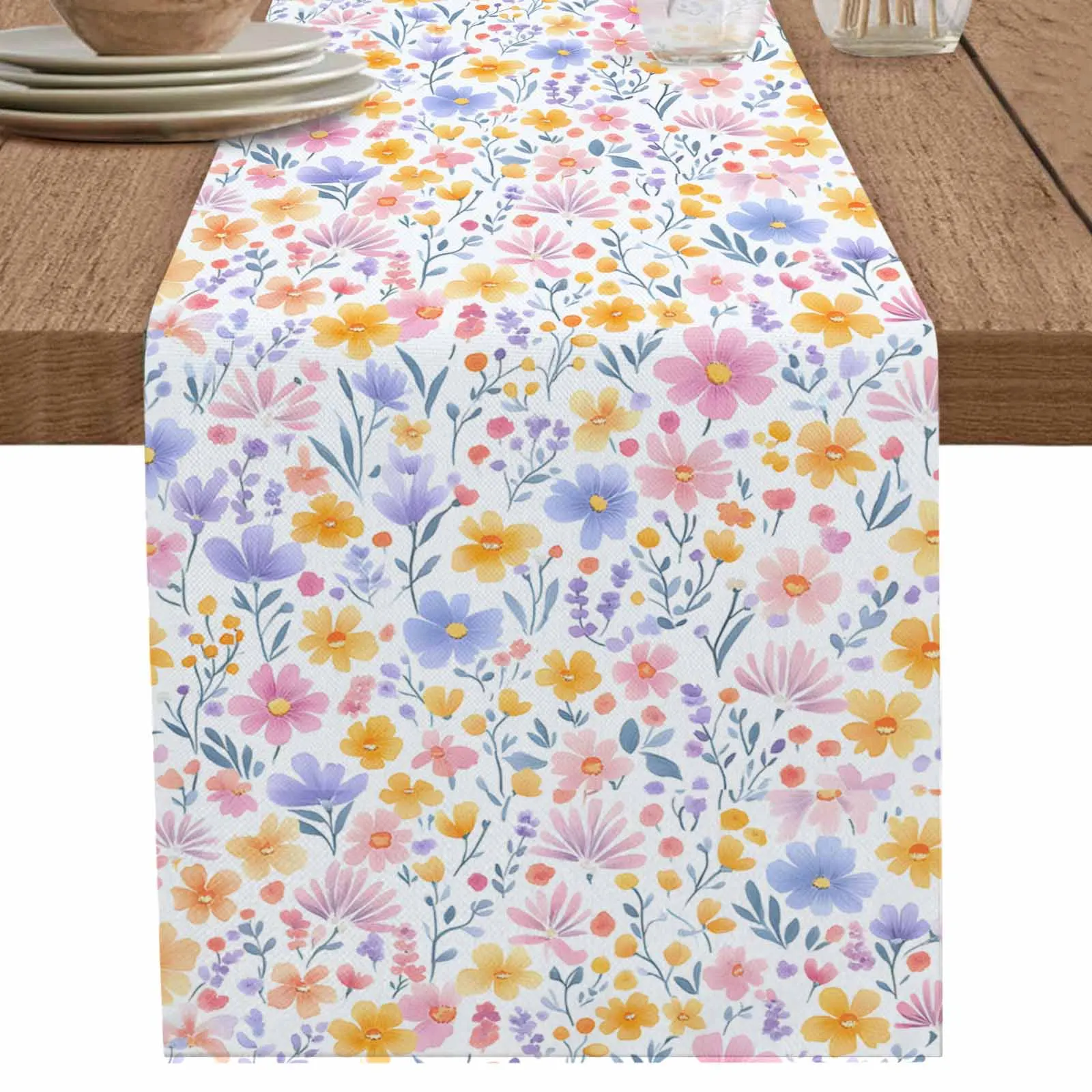 

Country Orange Purple Flower Table Runner Cotton Linen Wedding Dinner Decor Table Flag Holiday Home Tea Table Decoration