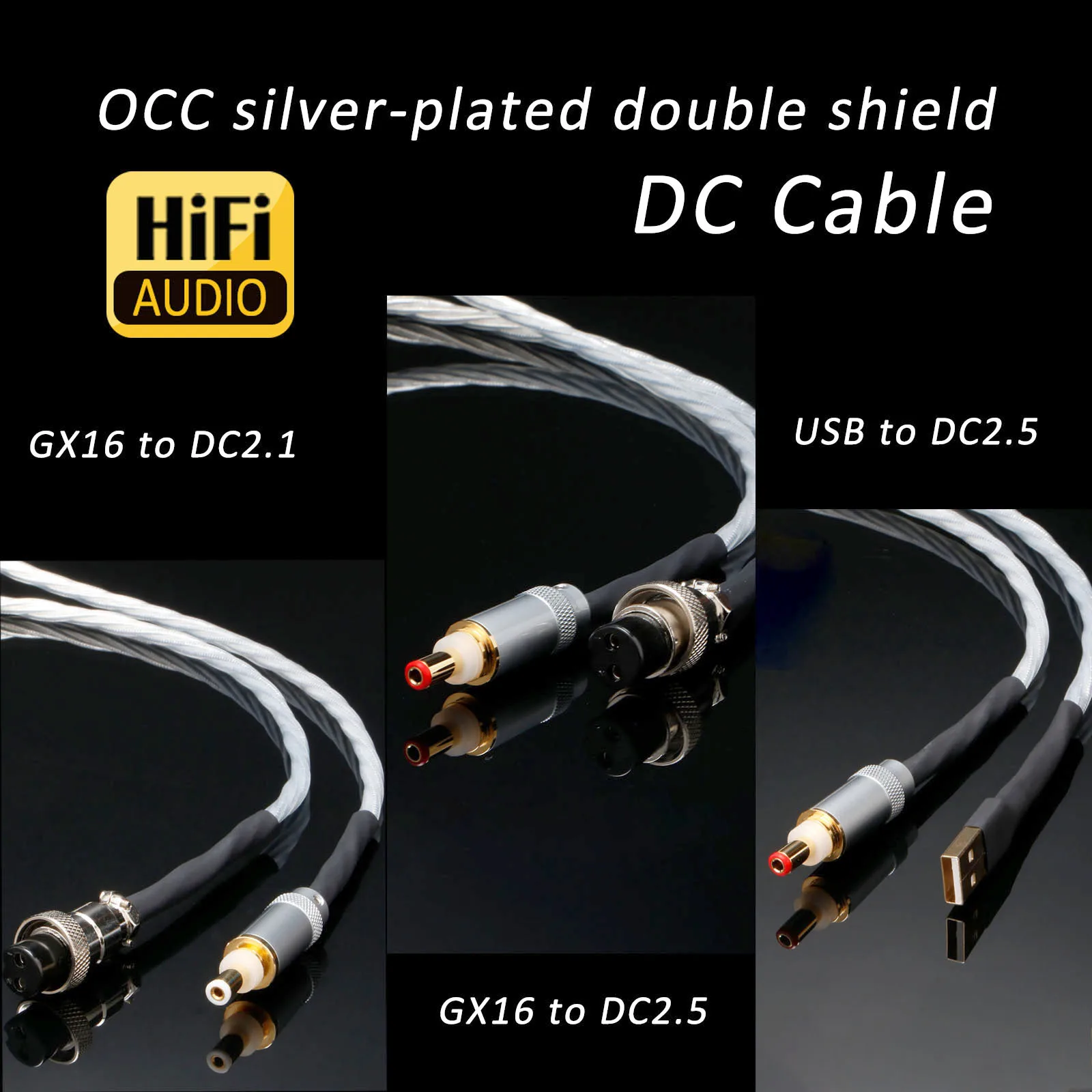 Hifi GX16 to DC2.1/DC2.5 Cable OCC Silver-Plated Double Shield Digital Cable Use for Audiophile Speaker Amplifier CD/DVD Player
