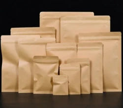 Flat Bottom Kraft Paper Aluminum Foil Inside Zip Lock Heat Sealing Package Bags Food Coffee Bean Snacks Gift Packaging Pouches