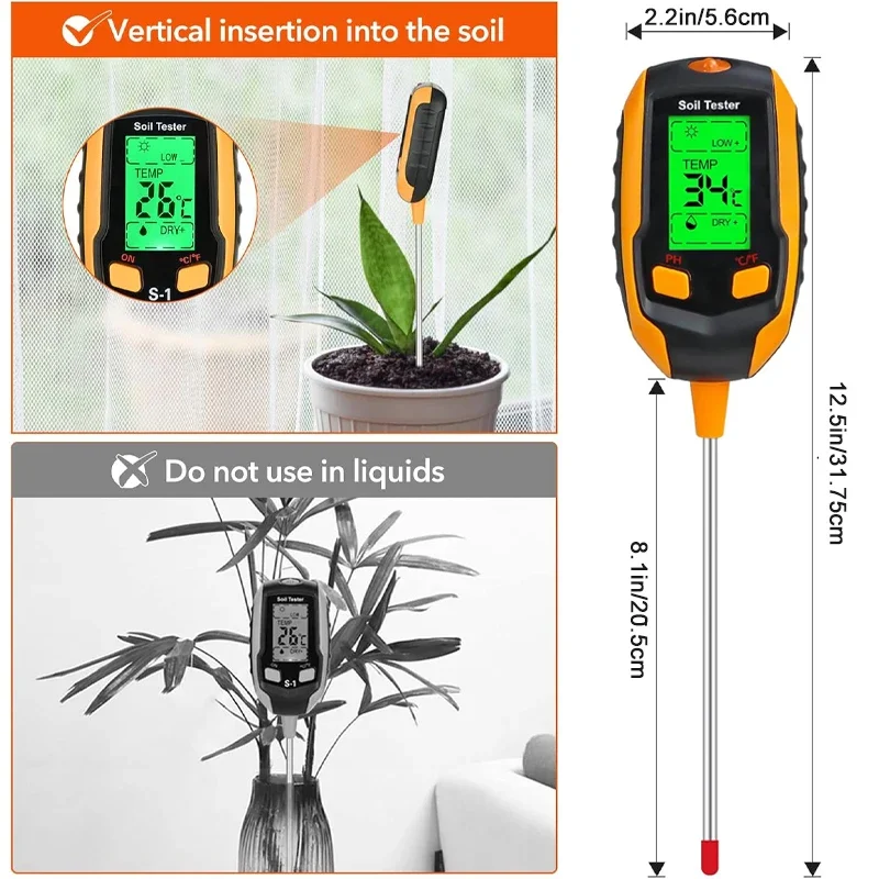 Soil PH Meter Sunlight PH Tester Soil Moisture Watering Test Garden Flowers Sensor Meter Plants Ambient Humidity Measuring Tool