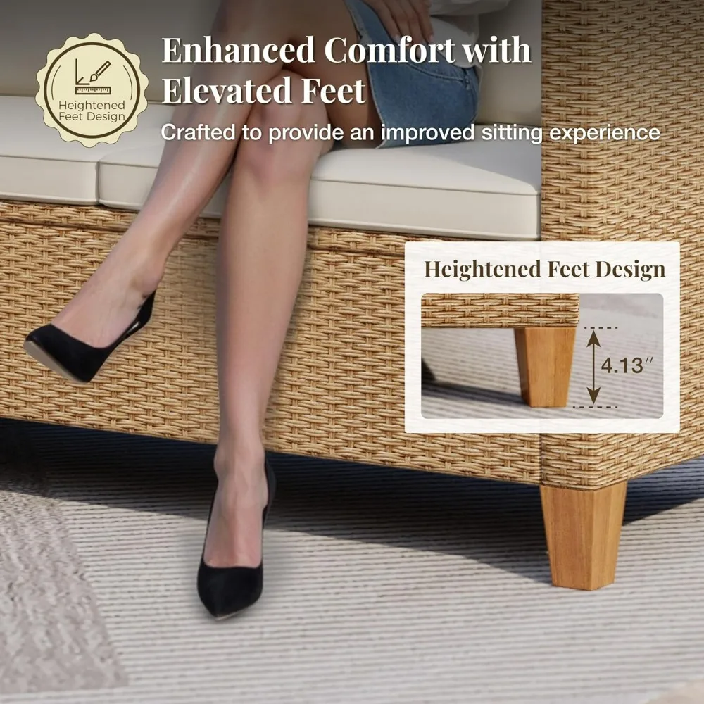 

3-х предметный плетеный комплект мебели для патио на открытом воздухе, ротанговый L-образный диван, диван с журнальным столиком из дерева акации, шезлонг для патио