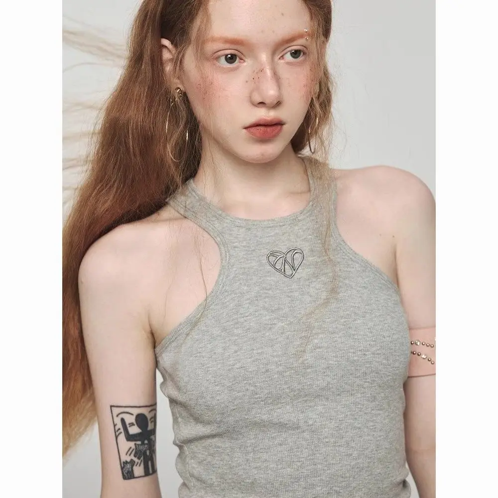 

Summer Love Embroidered I-shaped Vest Suspender T-shirt for Women American Slim Fit Casual Sleeveless Top