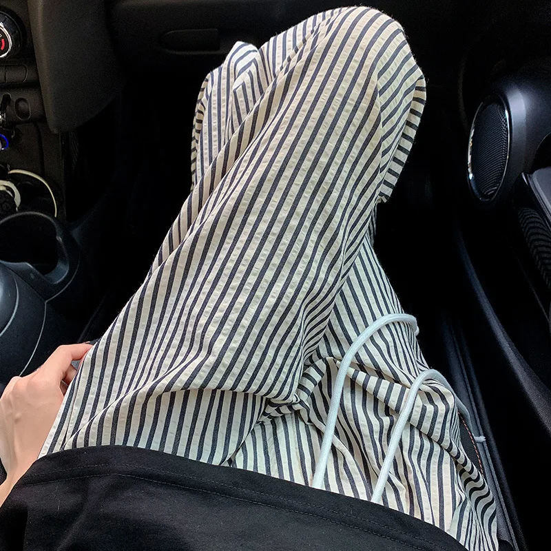 Women Striped Wide Leg Pants Summer New Loose Casual Drawstring Elastic Waist Straight Trousers Women Y2k Lazy Style Streetwear