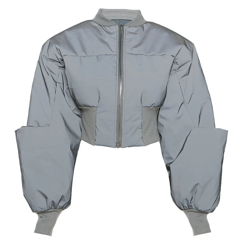 

Reflective Fabric Shiny Solid Puffer Coats Women Winter New Attractive Ruched Stand Collar Zip-up Jackets Female Street Outwear