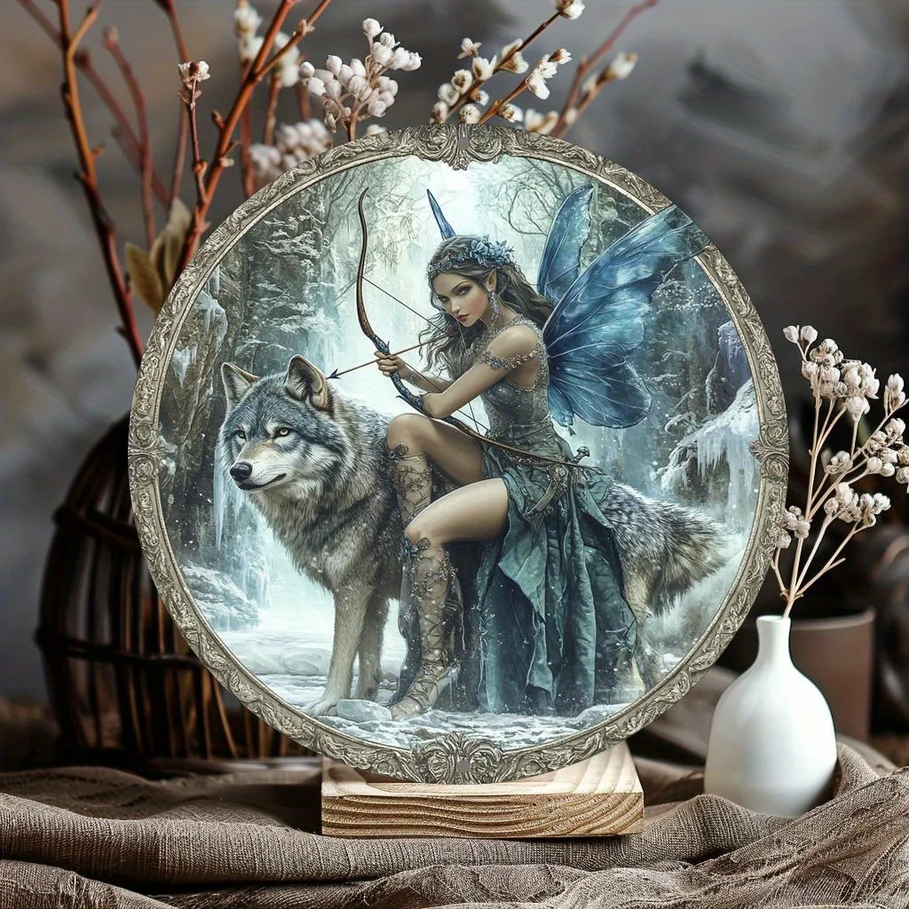 CIFBUY Dreamy Wolf Fairy Round Metal Sign Waterproof Durable Aluminum Wall Art Pre Drilled Decor for Bar Kitchen Cafe Home Offic