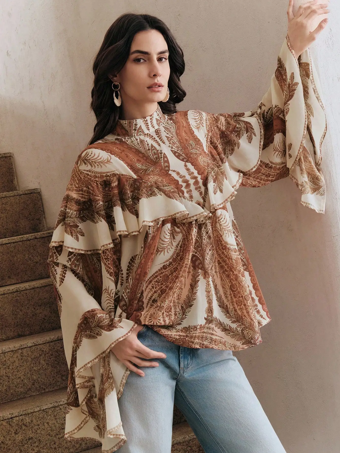 

Элегантная женская блузка в стиле ретро с цветочным принтом, длинными рукавами, свободного кроя, с оборками, в стиле бохо