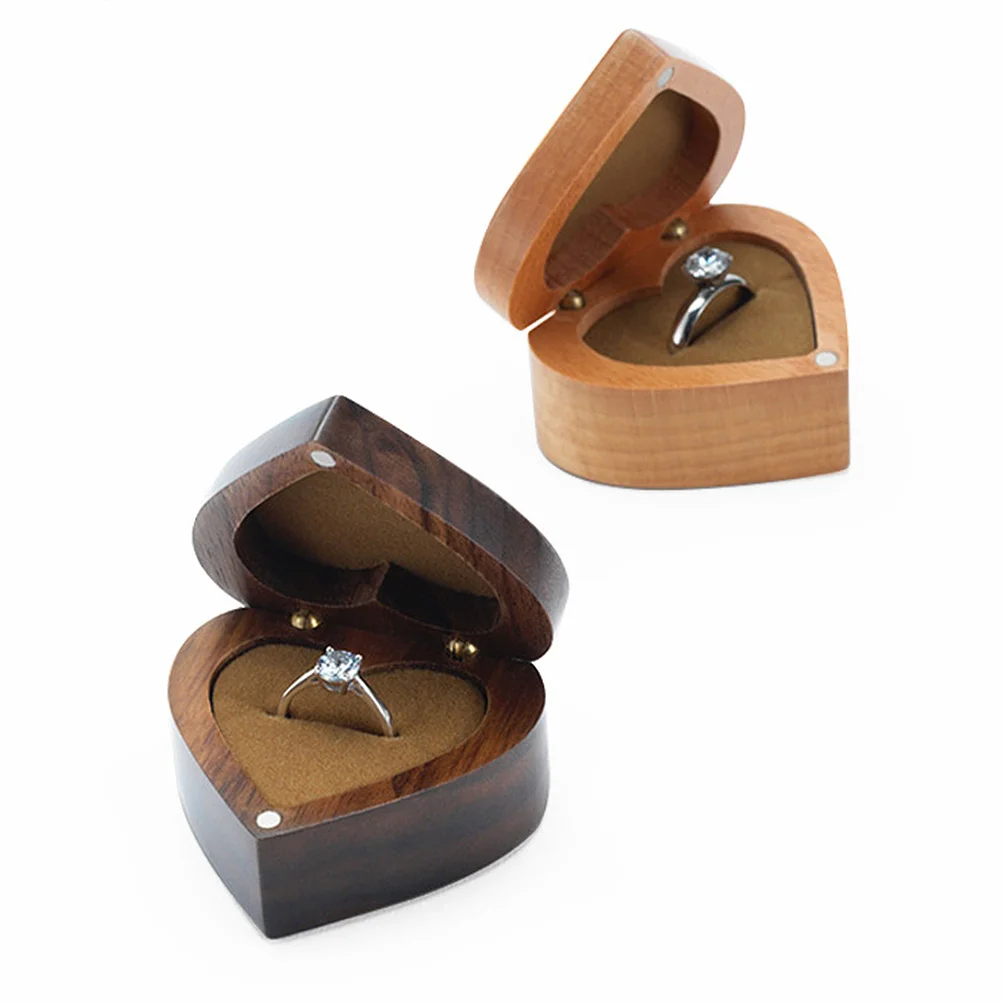 Heart Shaped Wooden Ring Box Beech Vintage Jewelry Storage Case Wedding Engagement Ring Holder Compact Travel Small Jewelry