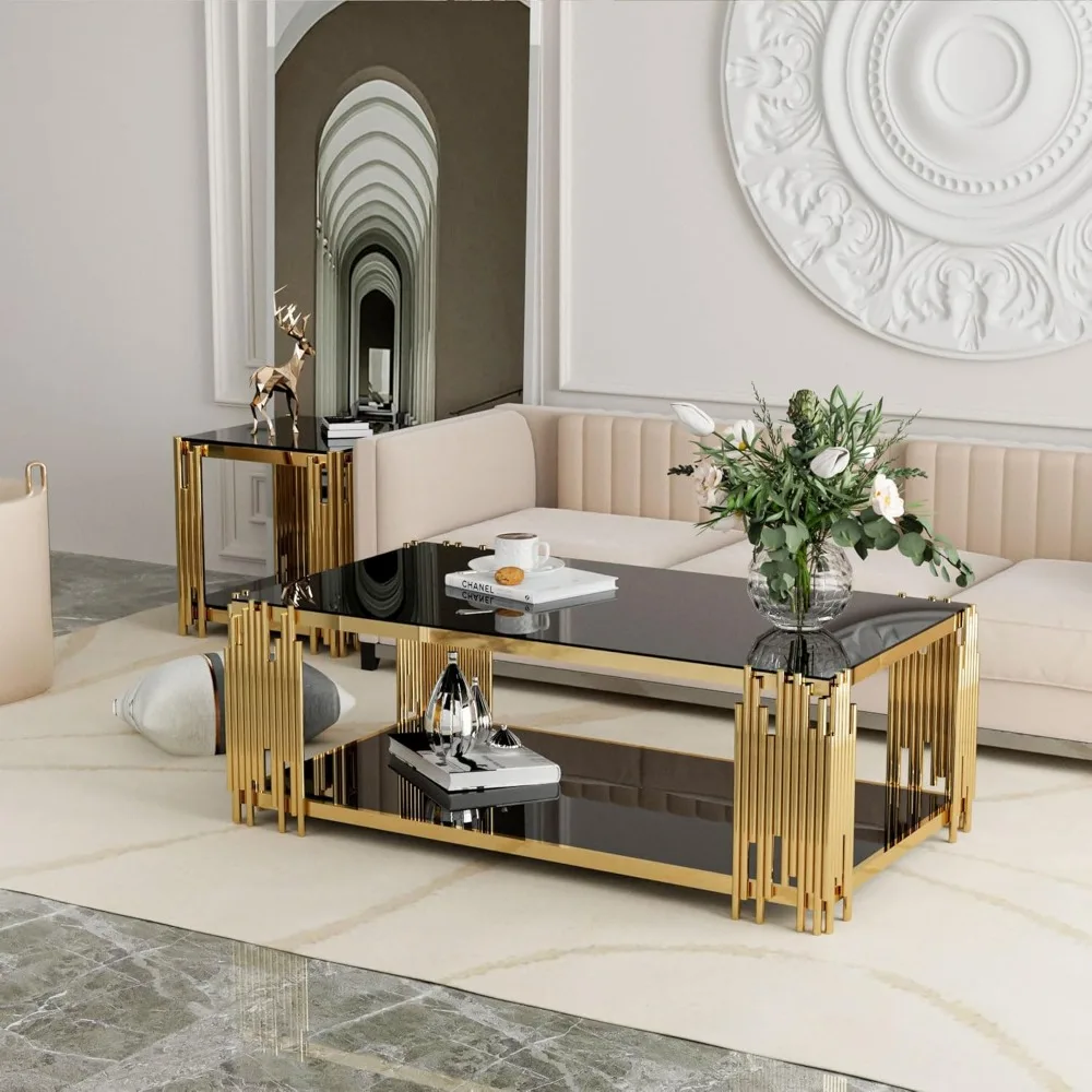 Mesa de centro de vidrio templado rectangular, sala de estar moderna para mesa de centro, pata de Metal de acero inoxidable dorado