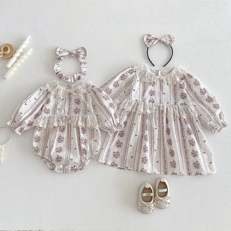 2026 New Spring Sister Clothes 2-7Yrs Girl Party Dress Long Sleeved Cotton Print Baby Girl Romper Kids Princess Dresses