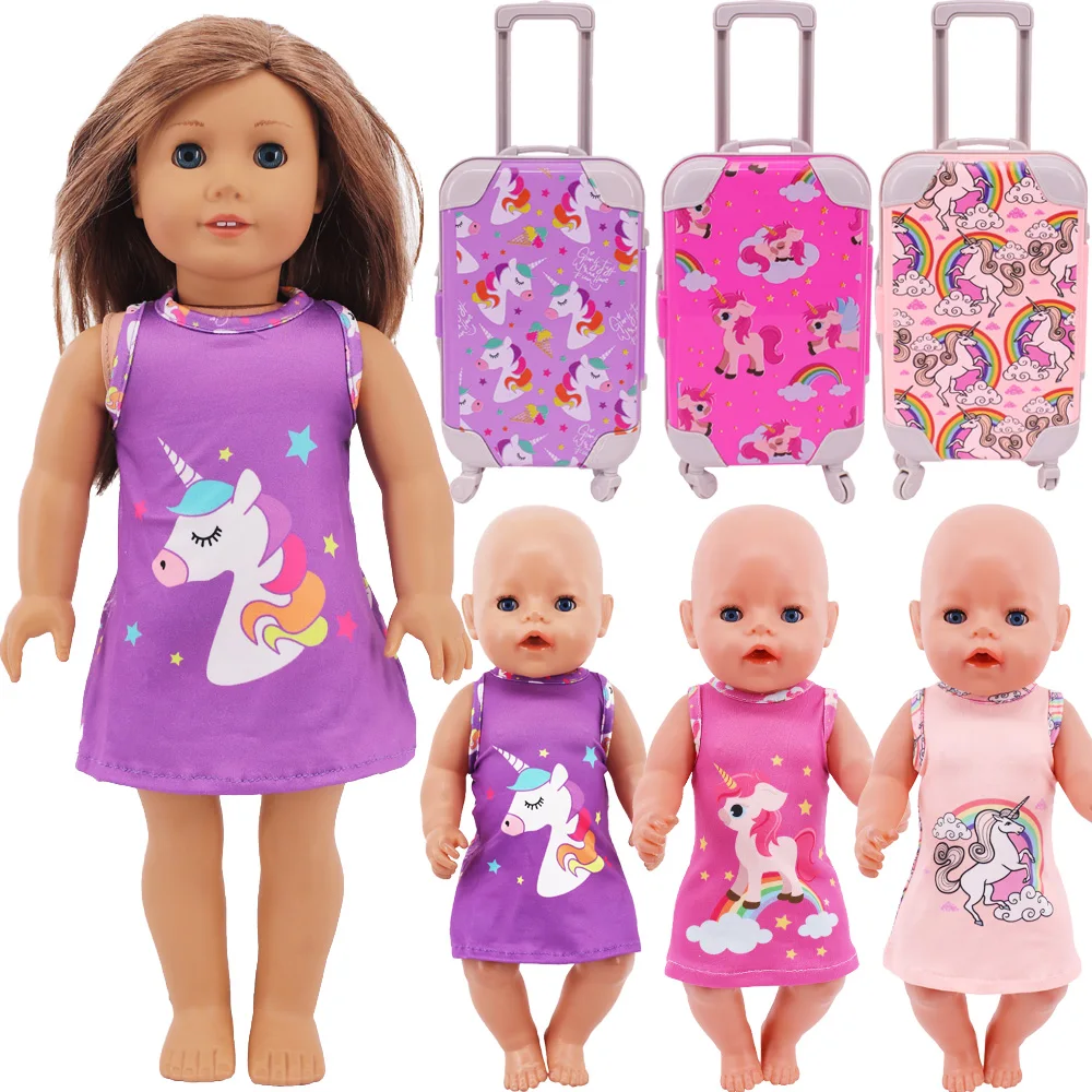 Kawaii Unicorn Printed Doll Clothes Trunk for 18inch Girl's American & 43Cm Baby Reborn Doll Accessories Suitcase Shoes OG Toys