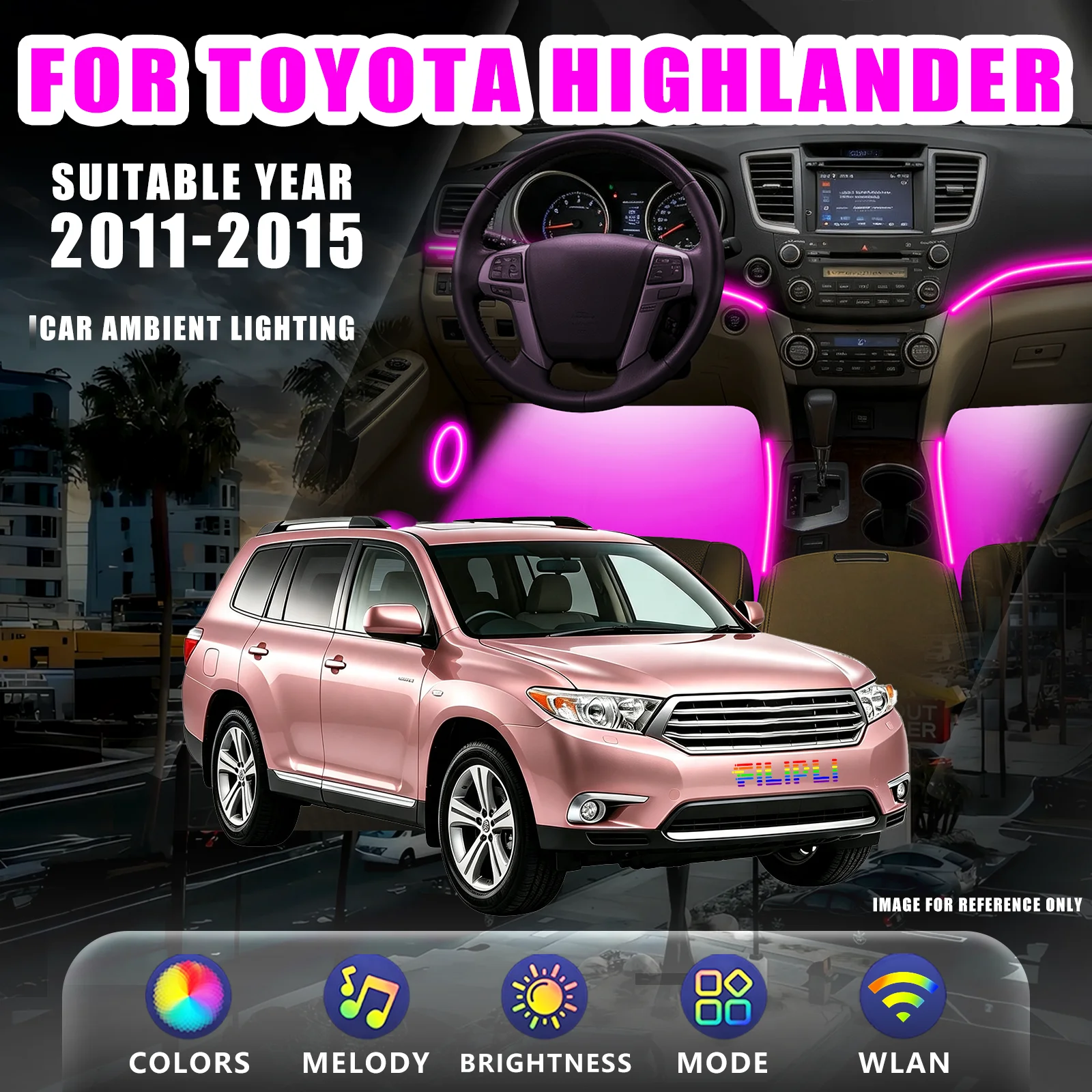 FOR TOYOTA Highlander 2011-2015 YEAR RGB 6 Lights car ambient light kit low blue light eye care mode lock car patrol flash dedicated adapter plug play one piece waterproof light strip lighting kit