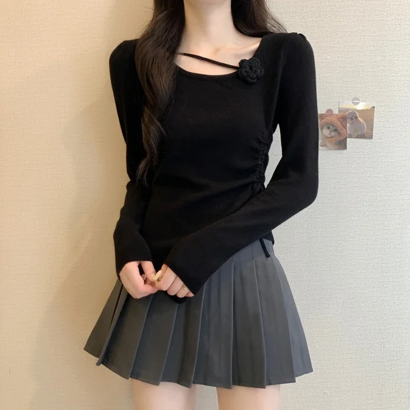 

Pop Three-dimensional Flower Long Sleeve Irregular Drawstring Knitted Sweater For Women