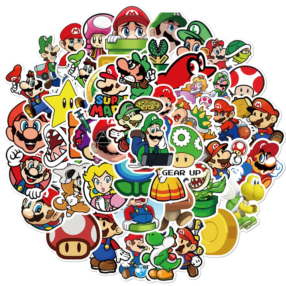 50pcs Anime Cartoon Stickers Super Mario Bros Skateboard Bicycle Guitar Book Laptop Motorcycle Waterproof Kids Sticker Pack Toy