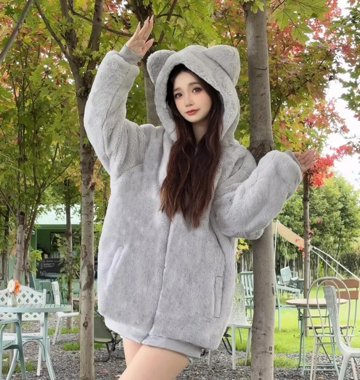 Women's Coat 2026 Autumn/Winter New Fox Fur Grass Coat Women Hoodie Cute Cat Ears Imitation Loose Solid Color Fur Coat Thickened