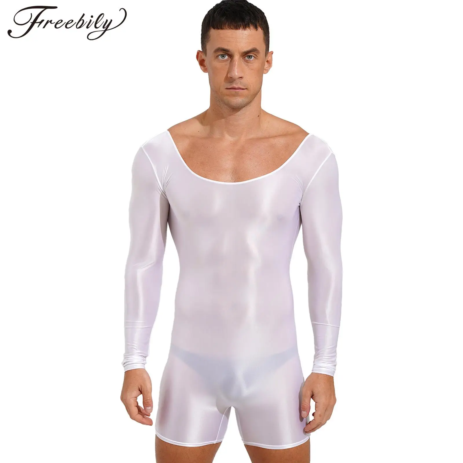 

Mens Long Sleeve Swimwear Rash Guard Glossy Stretchy Bodysuit Mankini Swimsuit Sportswear for Yoga Dance Fitness Beach Pool