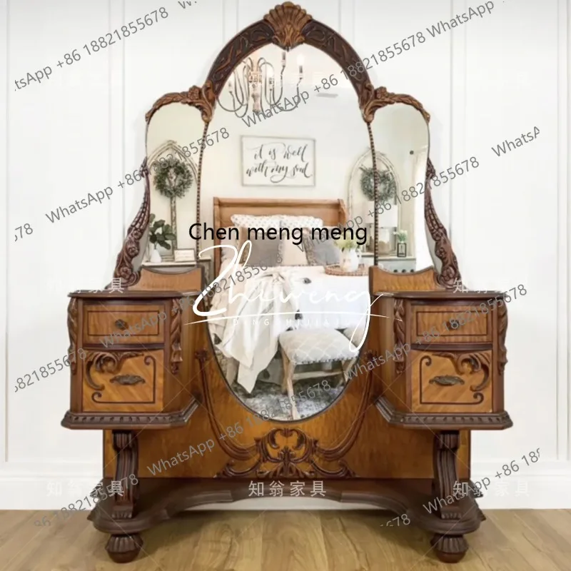 الفرنسية الرجعية الخشب الصلب نحت زهرة خلع الملابس شقة صغيرة غرفة نوم المنزل خلع الملابس مع مرآة ماكياج #3