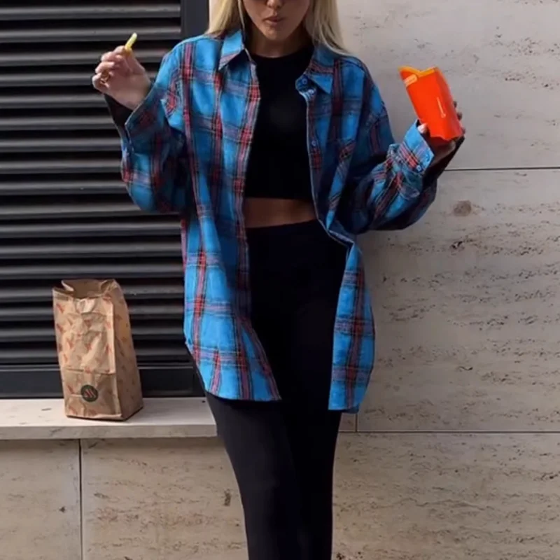 

Женская осенняя новая повседневная свободная рубашка в клетку в стиле ретро, рубашка с длинными рукавами и лацканами