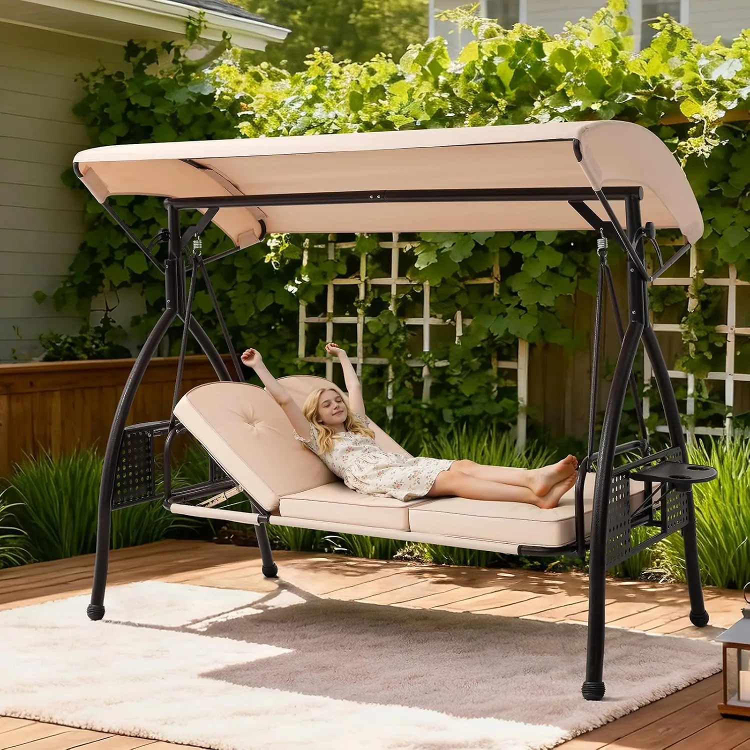3-Seat Outdoor Patio Swing Adjustable Canopy 7-Level Recliner Cushion Cup Holder Convertible Bed Yard Deck Garden, Customized