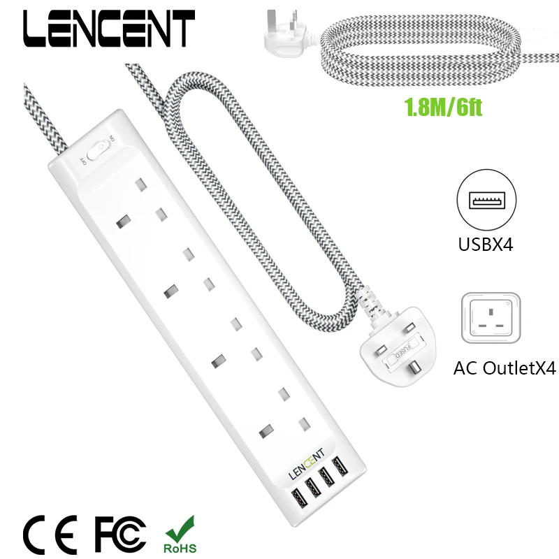 LENCENT UK Power Strip with 4 AC Outlets 4 USB 3250W Multi Power Plug Extension with 1.8M Braided Extension Cord for Home Office