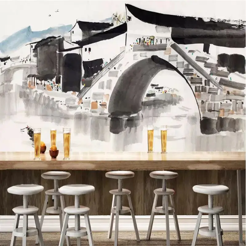 custom 3D Chinese style ink painting Jiangnan Water Town building background wall mural retro hot pot restaurant wallpaper 8d