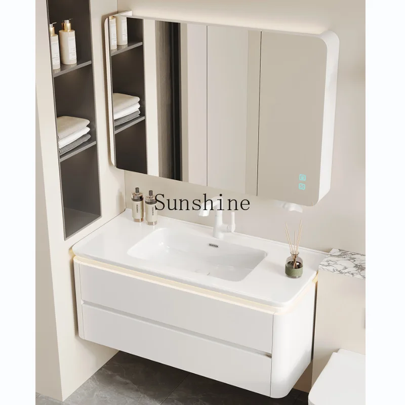 

Rounded bathroom cabinet, ceramic integrated basin, washtop, bathroom, combined solid wood