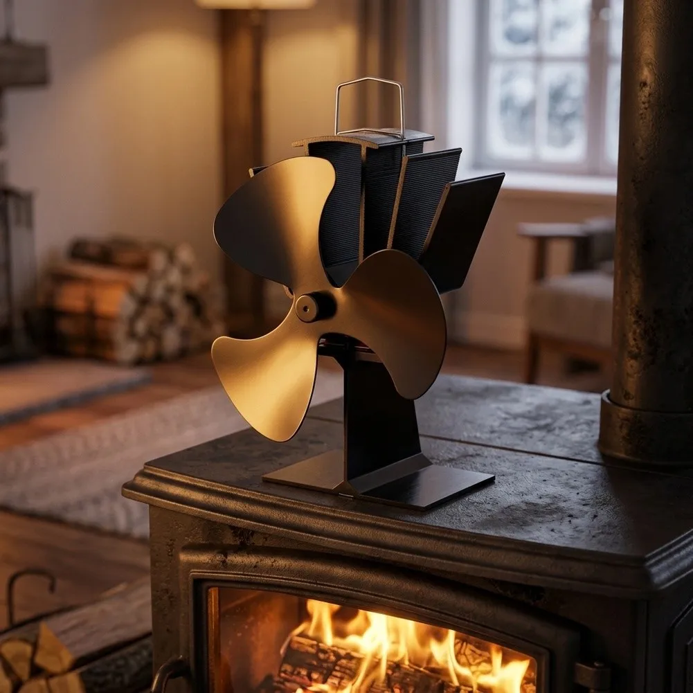 Triple-Blade Thermodynamic Fireplace Fan for Wood Stoves Silent Heat Circulation No Batteries Needed 19x16x12cm Metal