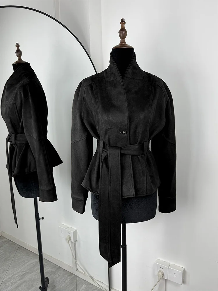 Trendix Retro Suede Jacket Femme 2025 Autumn Fashion Lace Up V Neck Long Sleeve Cardigan Coat Winter New Commute Outerwear Women