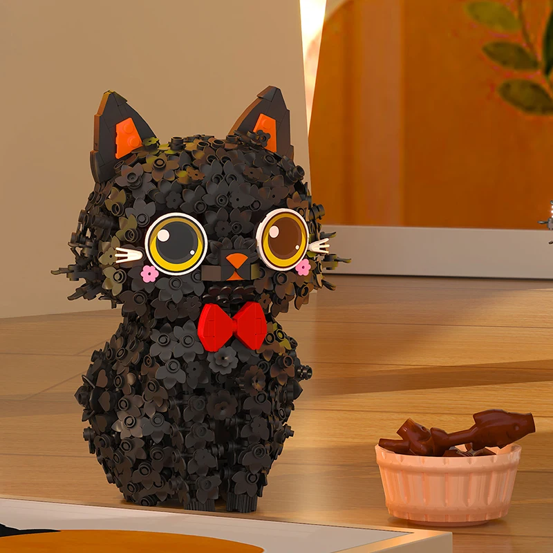 1651PCS Creative Blossom Puss Pet Black Car Model Building Blocks Lovely Animal Assemble Bricks Toy Gift For Children Girl