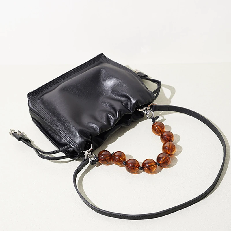 Chinese Style Leather Mini Box Bags For Women Luxury Designer Handbags Purses 2026 New In Cowhide Acrylic Beaded Handle Shoulder