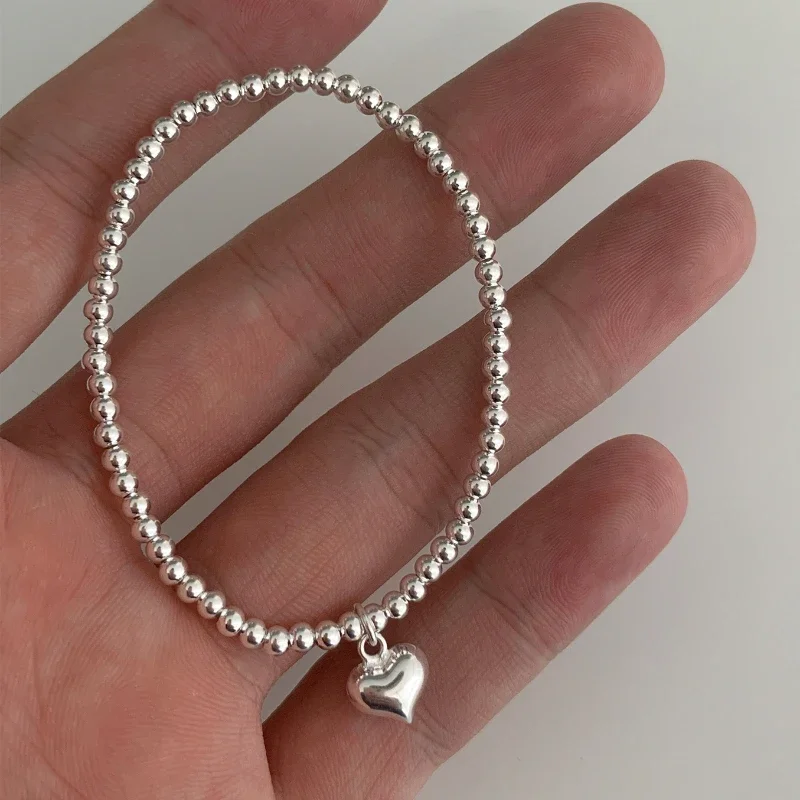 S925 Sterling Silver Star Love Heart Pendant Round Bead Pearl Bracelet For Girls Sweet Romantic Style Gifts For Lovers