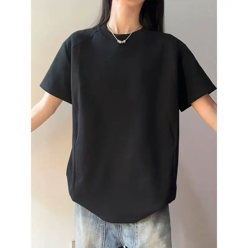 

Women's Korean Style Black Cotton Patchwork Loose O-neck Short Sleeve American Streetwear Casual Thick T-shirt Top Trend New Tee