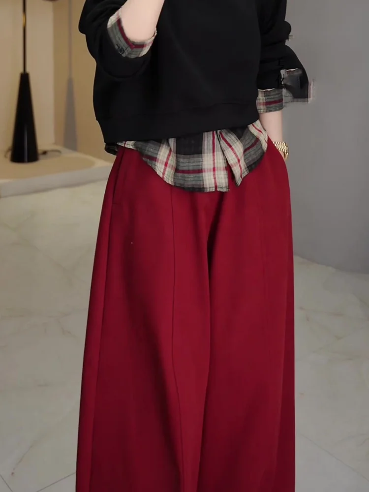 Thiened Fce Calças femininas de pernas largas retrô vermelhas quentes soltas para viagem Sle cintura alta corte reto Faion coreano