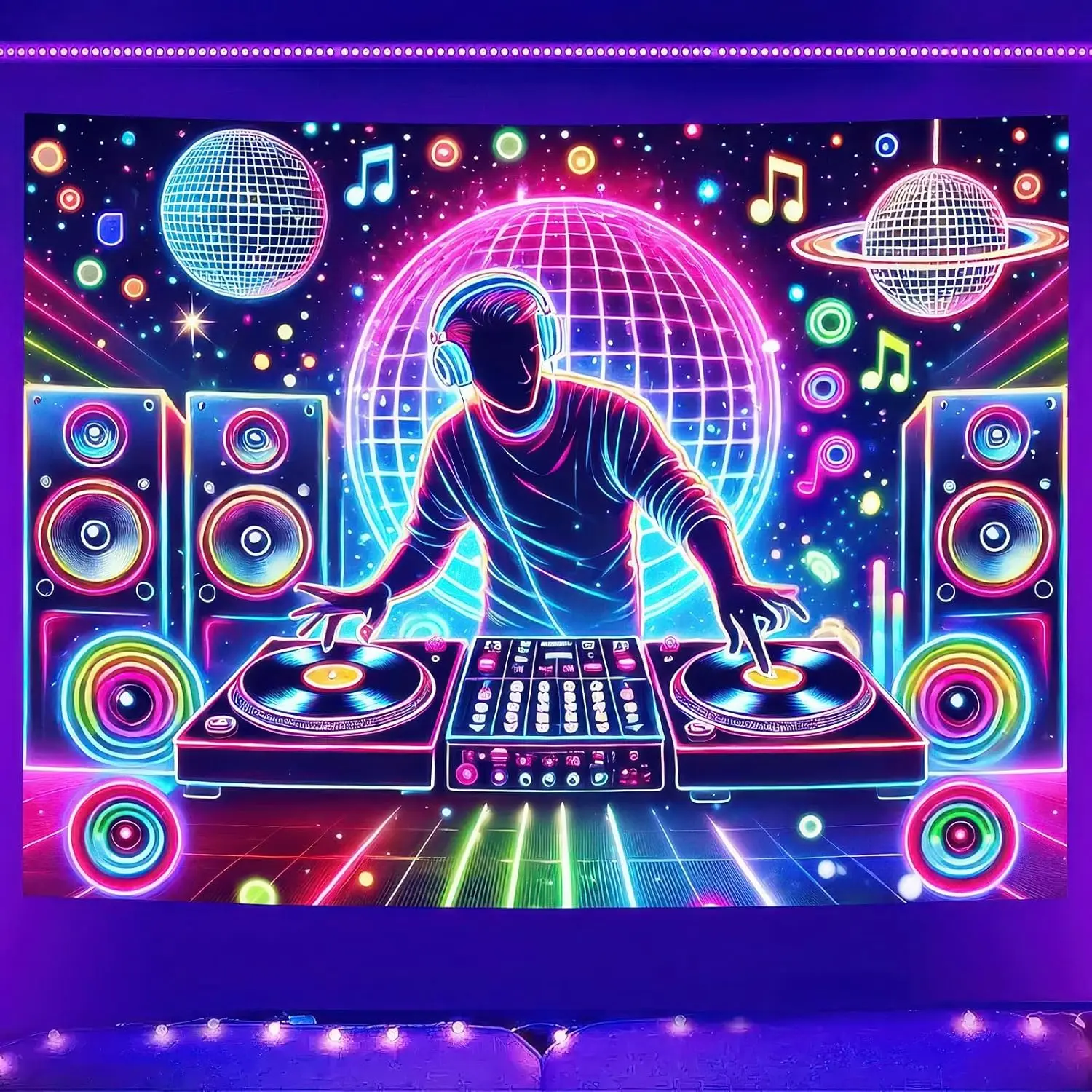 Retro Neon DJ Music Tapestry Wall Decor Disco Party Backdrop EDM Club Rave Festival Turntable Sleeper Wall Art Hanging Speaker N
