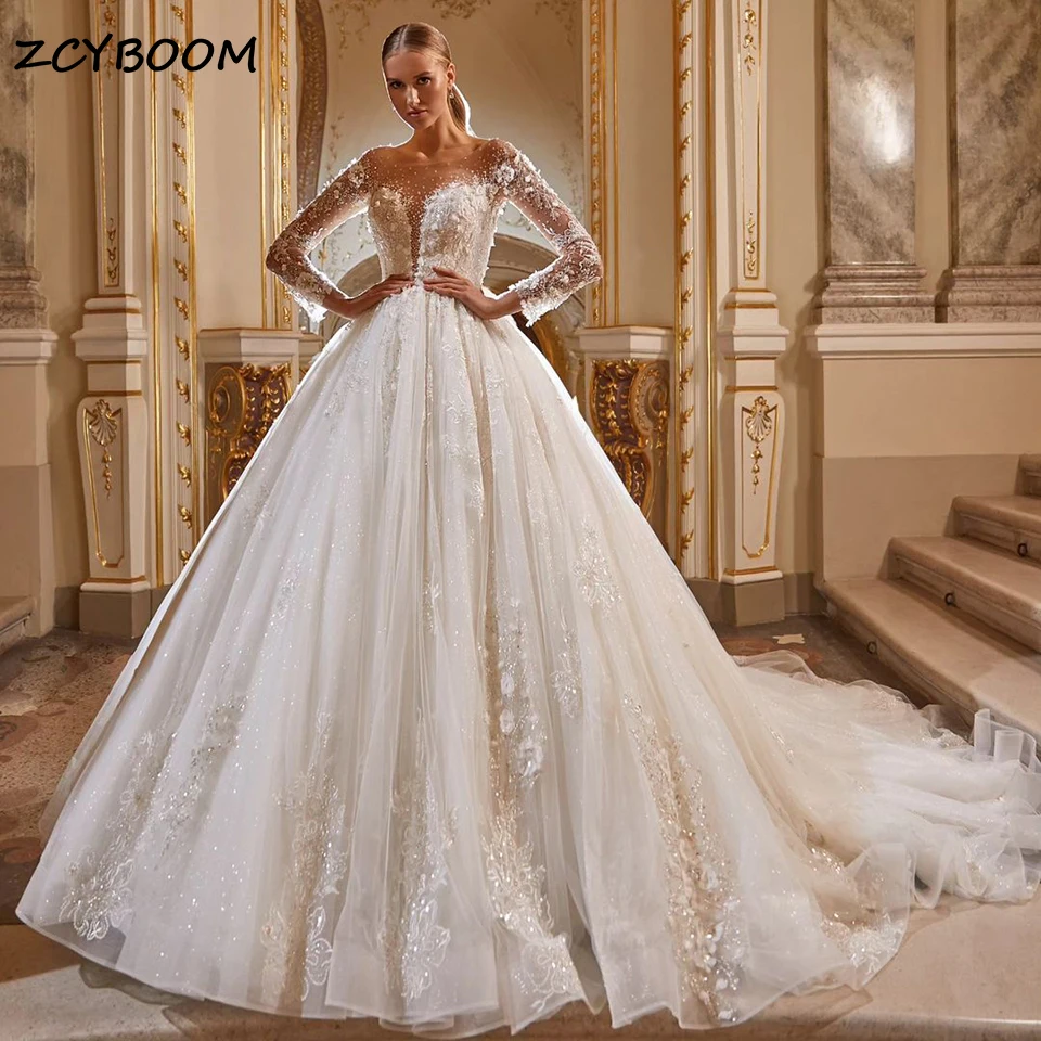 

Luxury Scoop Neck Shiny Beading Ball Gown Wedding Dress 2024 Long Sleeves Lace Appliques Princess Bridal Gowns Vestido De Noiva