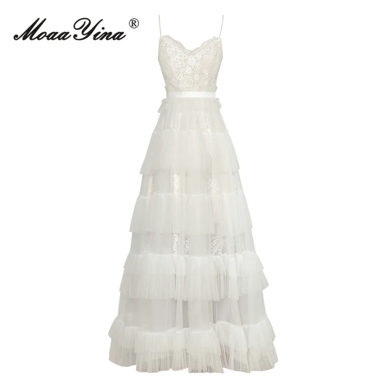 

MoaaYina Summer Fashion Runway White Tiered Dress Women's V-Neck Appliques Nail Bead Mesh Ruffles Vintage Sling Maxi Long Dress