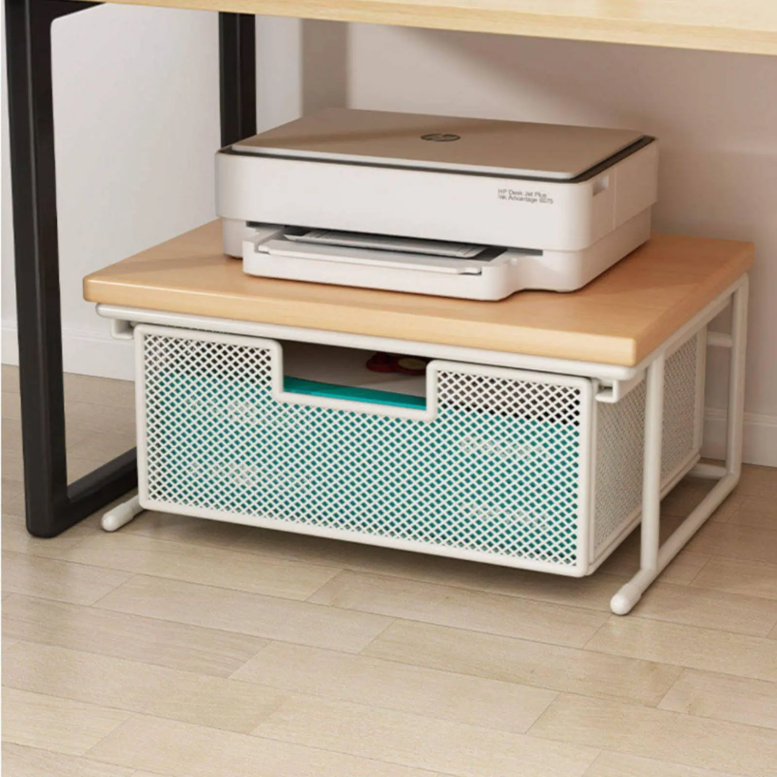 Printer Stand with Drawer Space Saving Desktop Printer Stand Desktop Shelf Sturdy Desk Storage Wood Top for Study Room