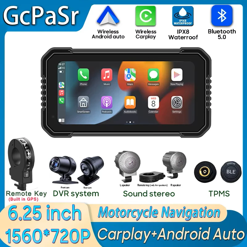 Écran de Navigation pour moto, 6.25 pouces, 1560x720, sans fil, CarPlay, Android Auto, moteur GPS, moniteur DVR, TPMS en option