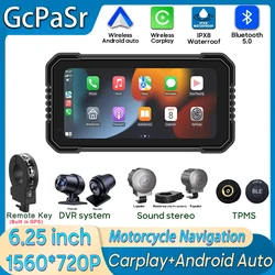 6.25 inch Motorfiets Navigatie Scherm 1560*720 Draadloze CarPlay Android Auto Motorfiets GPS Motor DVR Monitor TPMS Optioneel