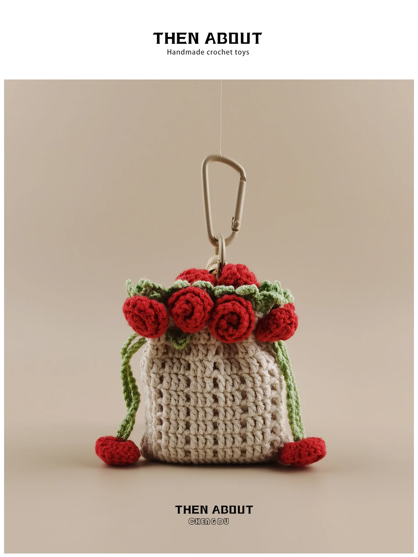 Thenabout Knitted Rose Drawstring Bag Earphone Pouch Coin Purse Backpack Pendant Gift Fashionable Accessory for Winter Season
