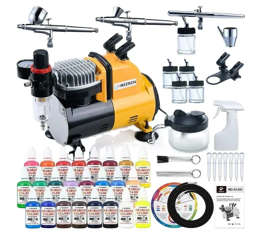 MEEDEN Airbrush Kit, Professional Airbrushing Paint Set with Compressor and 3 Dual-Action Airbrush Set, 24 Airbrush Paints