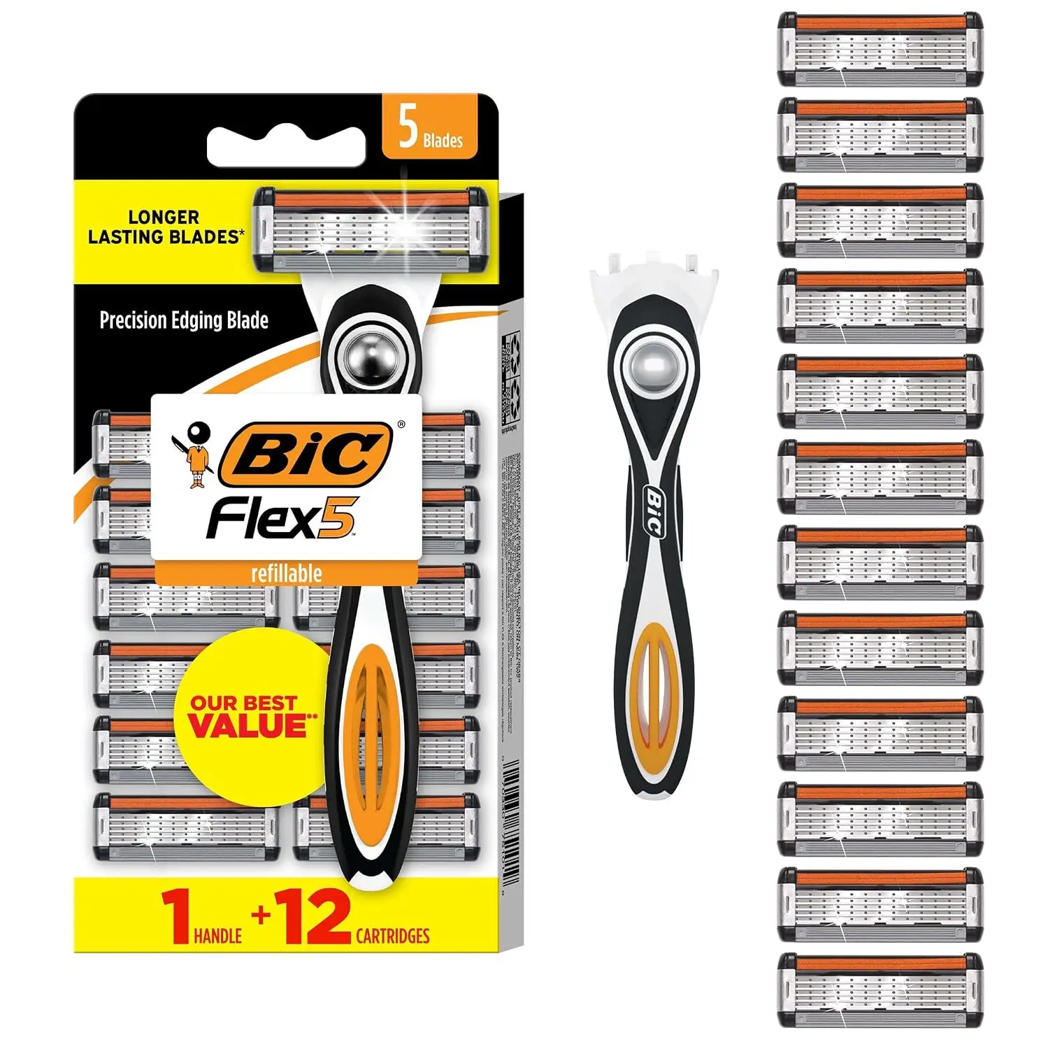 5-Blade Refillable Razor Kit for Men: 1 Handle + 12 Cartridges, Smooth Shave with Precision Edging, Dorm & Travel Ready