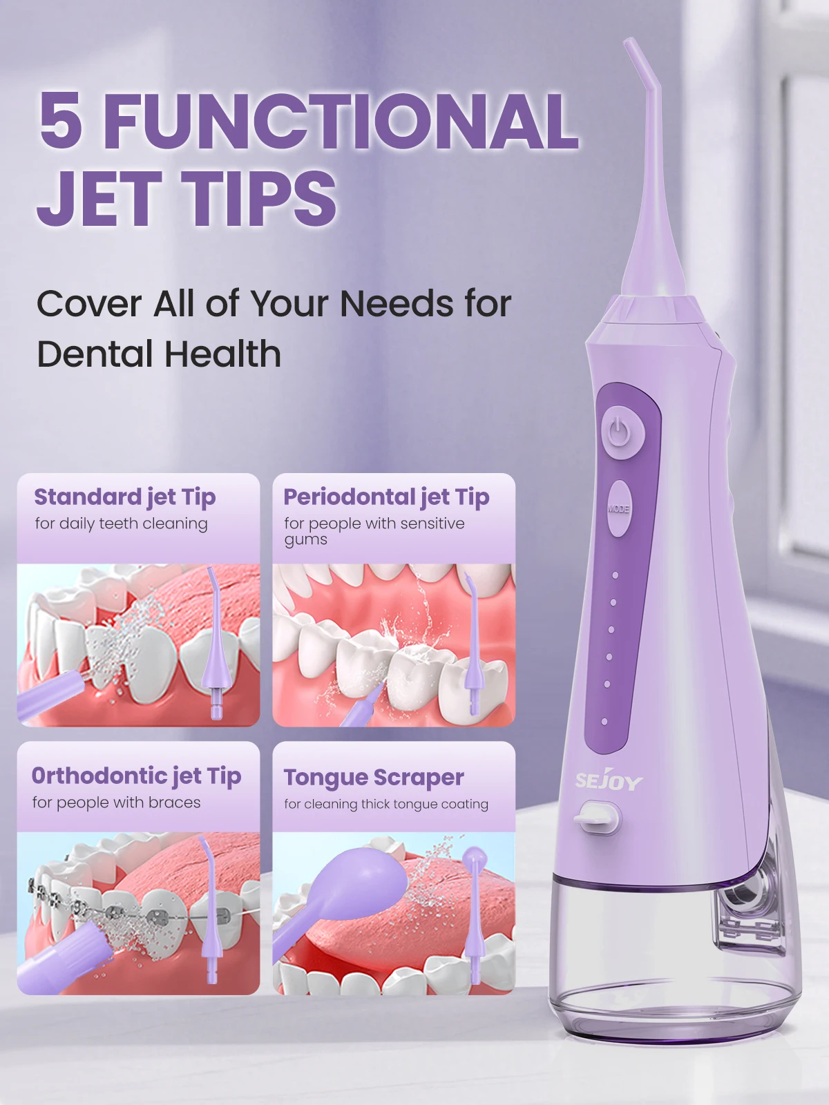 

Sejoy Water Dental Flosser C91 Oral Irrigator 8 Jet Tips 5 Mode vibration Teeth Cleaner for Home Travel IPX7 Waterproof
