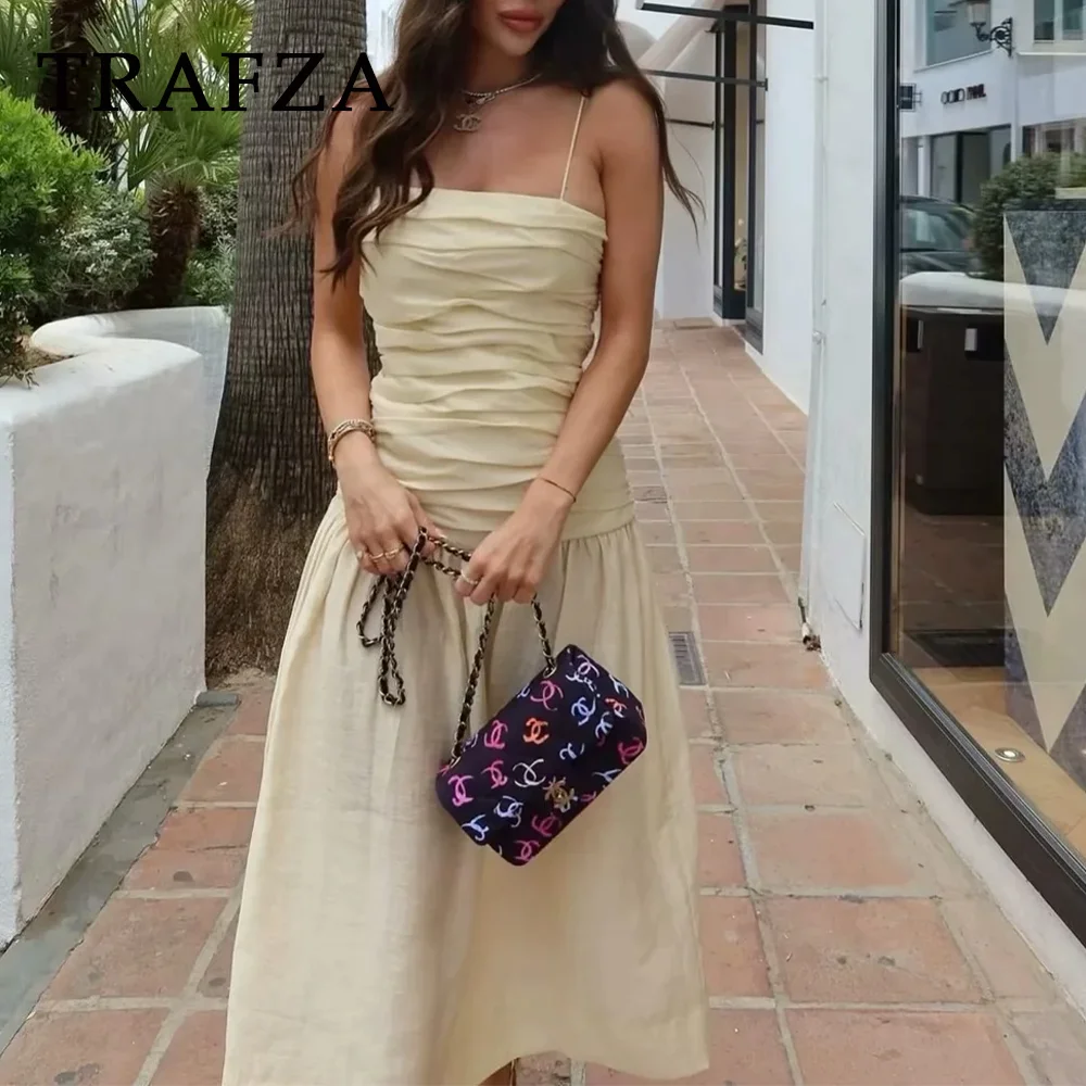 TRAFZA 2024 Spring Summer Beach Style Women Dresses Fashion Casual Folds Solid Camisole Strapless Chic Ladies Long Dresses