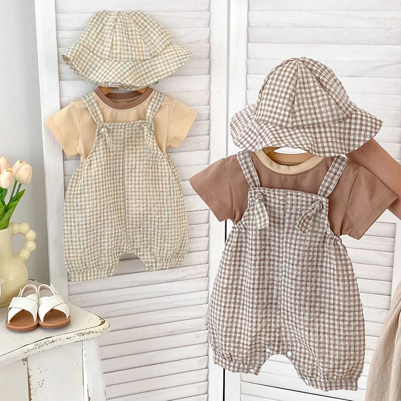 2024 New Summer Infant Baby Boys Clothing Set Short Sleeved Cotton T-shirt+Sleeveless Lattice Jumpsuit+Hat Children Clothes Suit