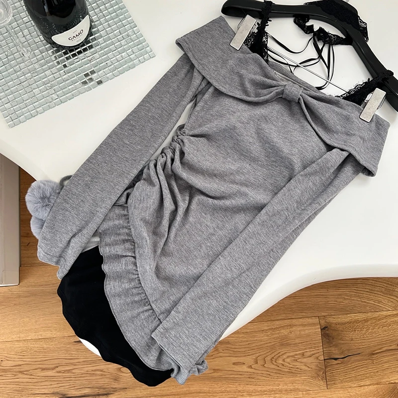 Elegancka słodka sukienka z odkrytymi ramionami wyszczuplająca krótka spódniczka sukienka z długim rękawem dla kobiet Design Sense Niche sukienka w