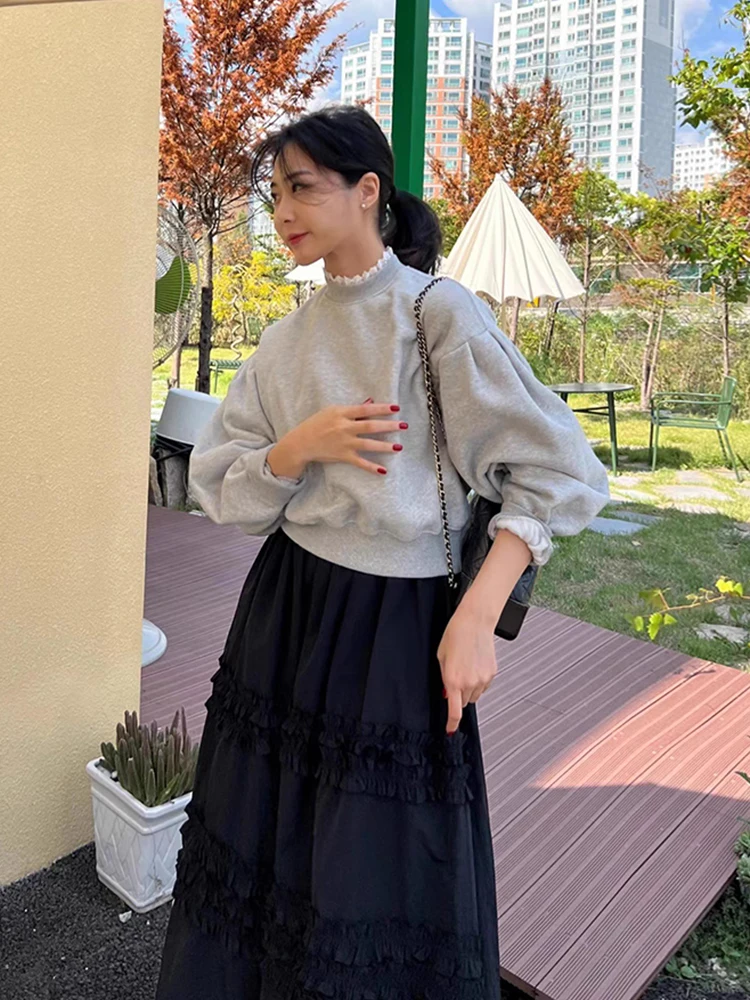 Conjunto de falda y suda e para otoño e invierno, conjunto de dos piezas con ribete de volantes, falda de media lo...